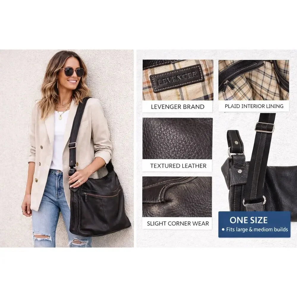Levenger Black Leather Laptop Messenger Bag Plaid‎ Lined Quiet Luxury Officecore